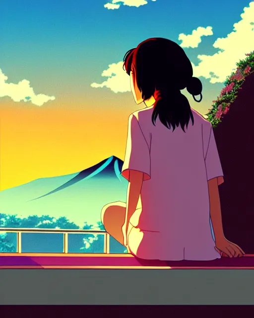 Image similar to detailed aesthetic vaporwave illustration of a girl sitting on the rooftop anime digital art award winning scenery cinematic scene sunset in japan by studio ghibli