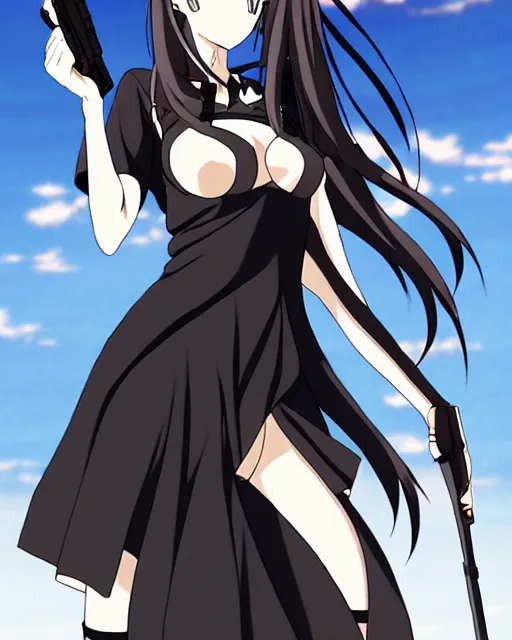 Prompt: female action anime girl, black dress, holding weapon with natural hands, symmetrical faces and eyes symmetrical body, middle shot waist up, airplane hanger background, Madhouse anime studios, Black Lagoon, Wit studio anime, 2D animation