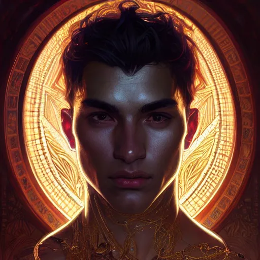 Image similar to portrait of a young handsome dark god, gold wires, intricate, headshot, highly detailed, digital painting, artstation, concept art, sharp focus, cinematic lighting, illustration, art by artgerm and greg rutkowski, alphonse mucha, cgsociety