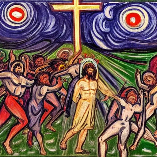 Prompt: Jesus Christ in battle with several Pokemon on a field of battle, art by Edward Munch, oil on canvas