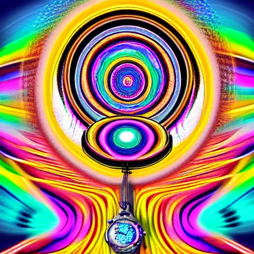 Image similar to psychedelic digital art of a hypnotist swinging a watch back and forth