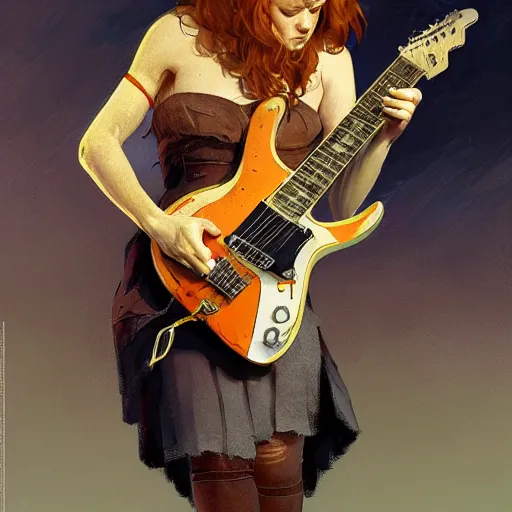 Prompt: a ginger hardrocker cat playing electric guitar, cinematic lighting, highly detailed, digital painting, artstation, concept art, smooth, sharp focus, illustration, art by Terry Moore and Greg Rutkowski and Alphonse Mucha