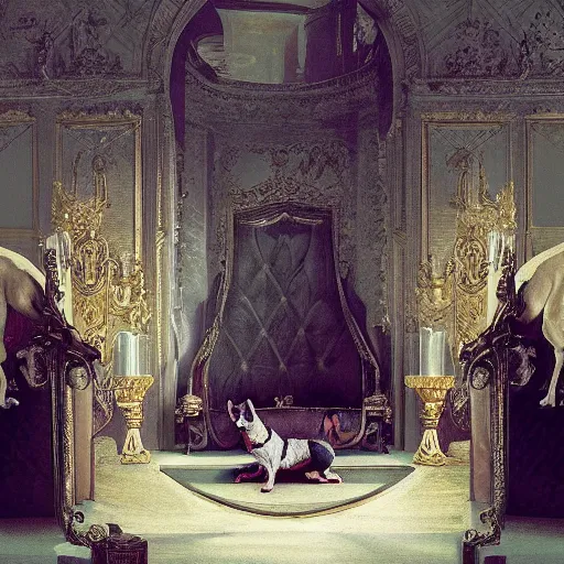 Image similar to 8k highly detailed oil matte painting by Charles Landelle of A French Bulldog King, decadent throne room, the other animals prostrate themselves before the throne