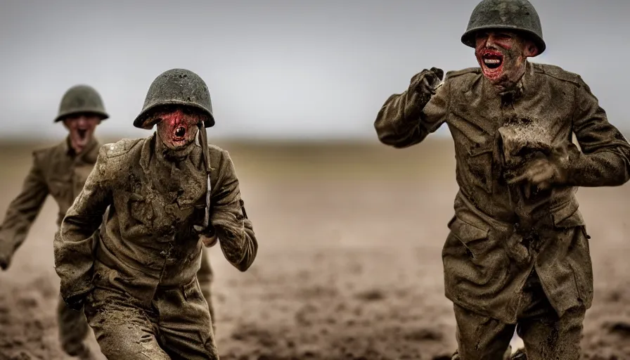 Prompt: screaming World War 1 soldier running away, wartorn landscape, lots of mud puddles and craters, bullet motion blur, dirty lens, cinematic lighting, IMAX close-up of face, cinematography, 35mm