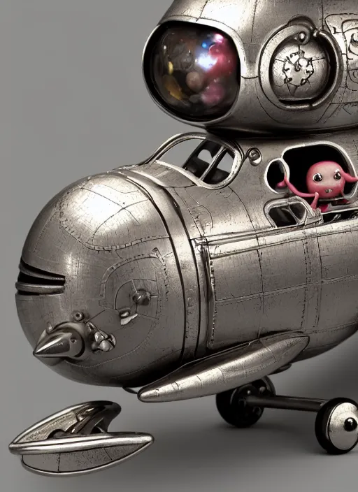 Image similar to highly detailed closeup portrait of a cute tin toy retro rrocket spaceship, nicoletta ceccoli, mark ryden, lostfish, earl nore, hyung tae, frank frazetta, global illumination, god rays, detailed and intricate environment