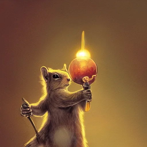 Image similar to A squirrel holding a glowing sphere in one paw and a sword in the other, fantasy illustration