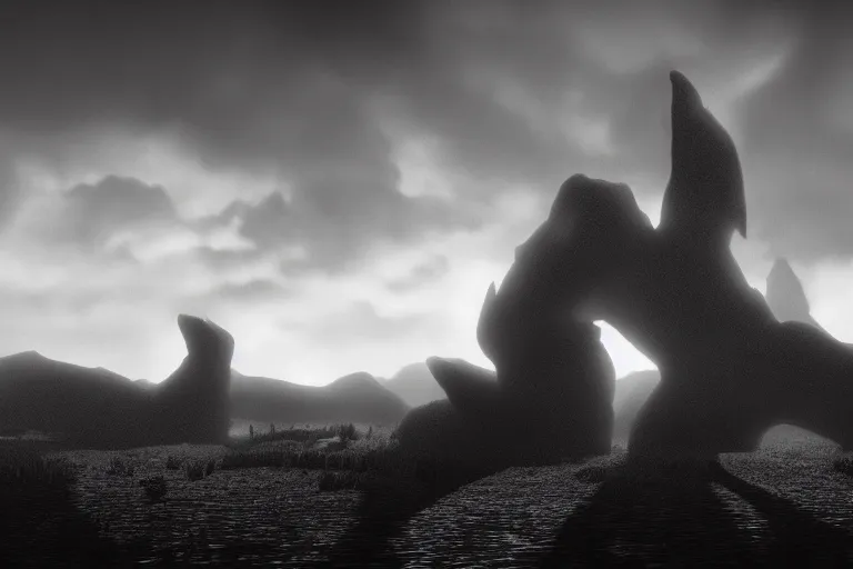 Prompt: a black and white photo of giant monster silhouette, in the style of ansel adams, octane render 8 k