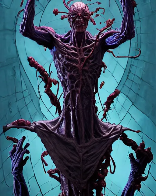 Image similar to the platonic ideal of flowers, rotting, insects and praying of cletus kasady ultimate carnage thanos dementor doctor manhattan chtulu nazgul bioshock, artstation, detailed, intricate, hyperrealism, intense, scary, decay, dmt, art by brock hofer and artgerm and greg rutkowski and alphonse mucha