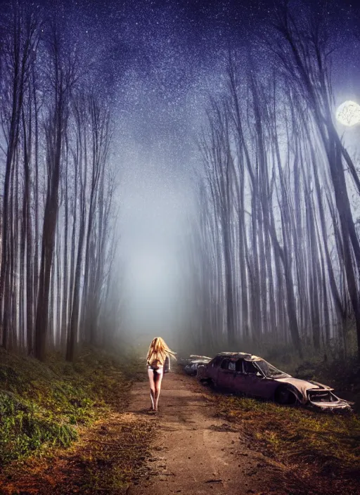 Image similar to beautiful blonde female cop walking through forest of crashed cars, wide shot, full perspective, curvy, mystery, fog, night time, starry skies.