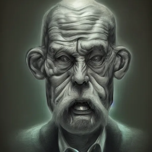 Image similar to eerie portrait of creepy pale old man with fish like facial features, painted, trending on art station, love craftian, dark lighting