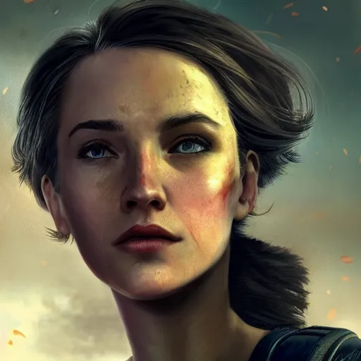 Image similar to fallout 5, charismatic beautiful rugged brunette female protagonist, portrait, outdoors ruined cityscape, atmospheric lighting, painted, intricate, volumetric lighting, beautiful, daytime, sunny weather, few clouds, sharp focus, deep colours, ultra detailed, by leesha hannigan, ross tran, thierry doizon, kai carpenter, ignacio fernandez rios