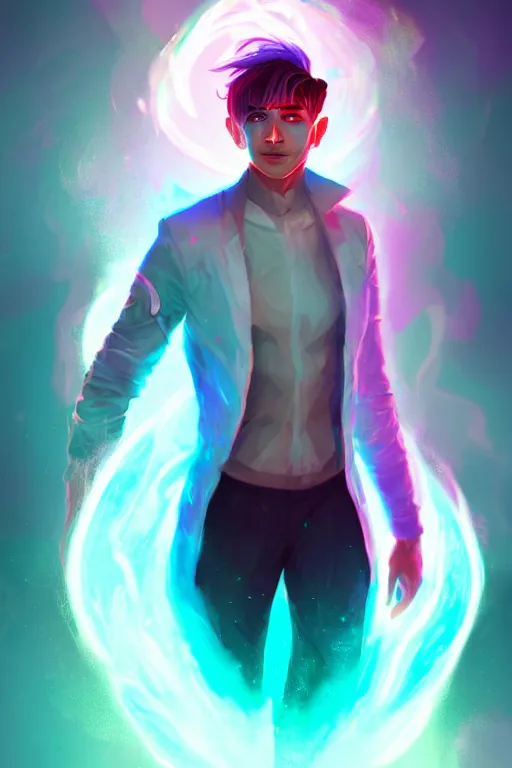 Image similar to a human elemental sorcerer, blurred environment background, colorful magic effects, white skin, portrait, male, clothed, sharp focus, digital art, concept art, trending on artstation, dynamic lighting, by emylie boivin and rossdraws