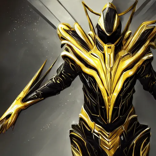 Image similar to black and gold warframe armor cinematic detailed photorealistic digital artwork digital painting