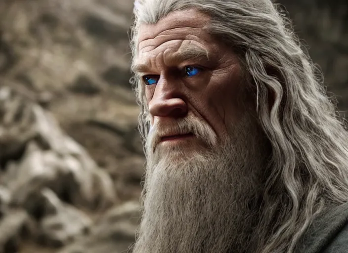 Image similar to film still of john cena as gandalf in the new lord of the rings movie, 4 k, highly detailed face, detailed eyes