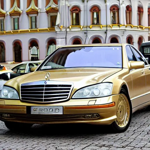 Image similar to gold Mercedes-Benz s500 long in the body 220 (w220) 2002 old year is located on the red square in Moscow