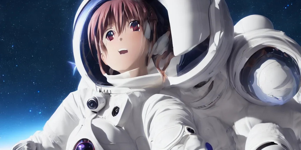 Image similar to High resolution photo of an anime girl in a spacesuit in awe at the beauty of the universe, 4k/8k, Cinematic Movie Photograph, Cinematic Lighting