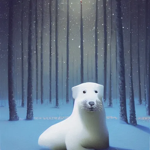 Image similar to an intricate oil painting of a giant cute white furry baby seal with by simon stalenhag