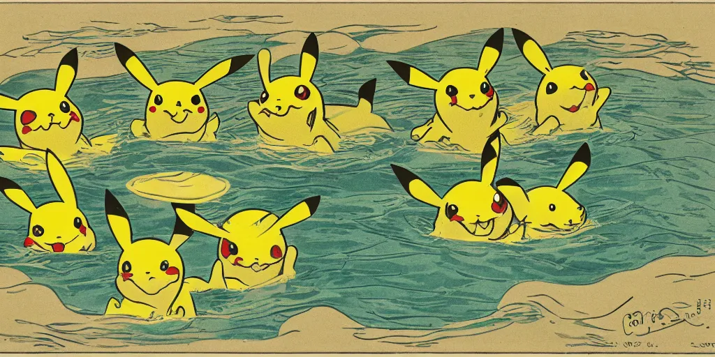 Image similar to a flat illustration of several pikachus swimming in a wide pool together, vaudevillian, from 1890, nostalgic, detailed, vignette, high quality scan, yellow and green