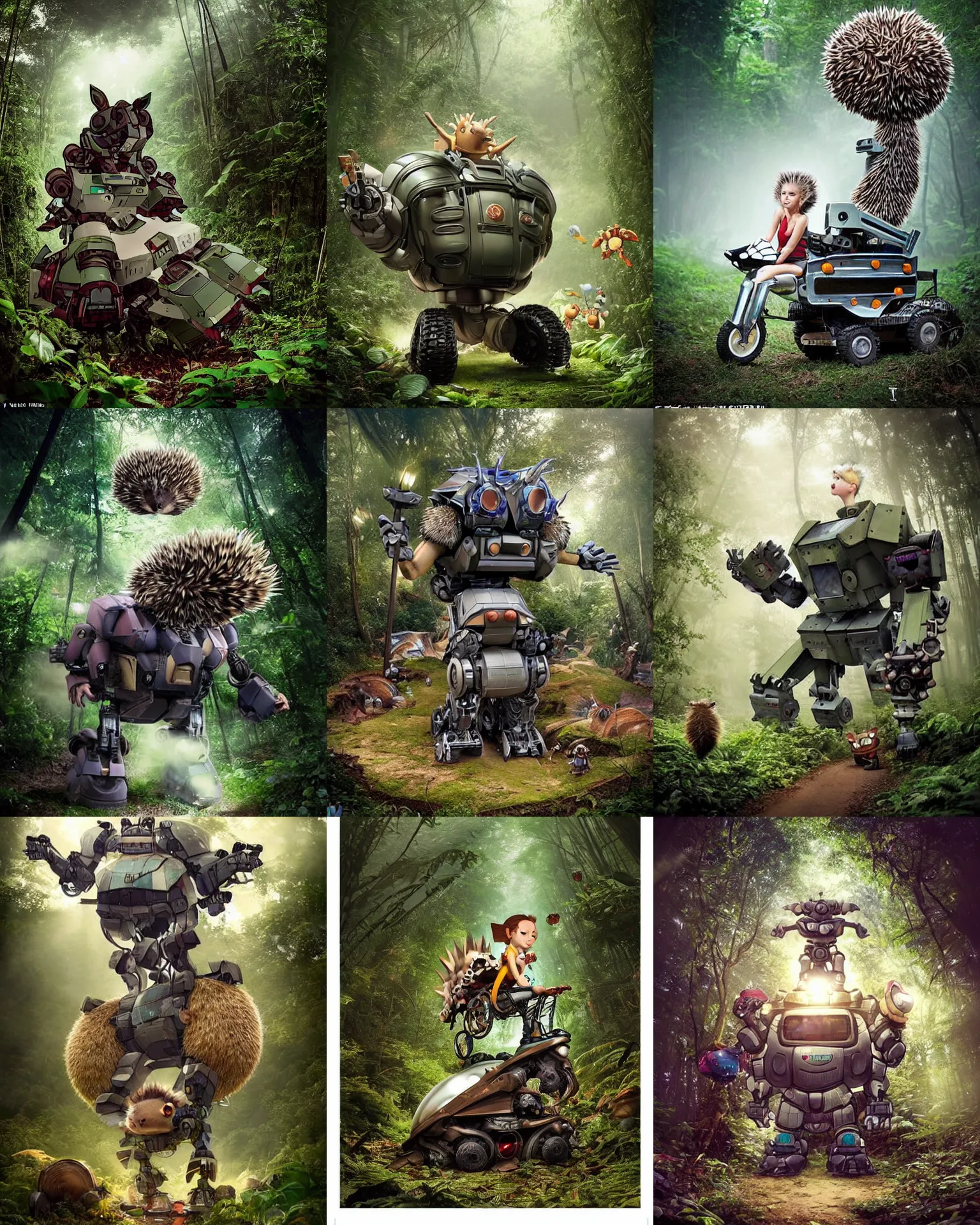 Prompt: epic pose!!! giant oversized battle hedgehog robot wacky chubby mech winnning sport wheelchair! double decker with giant oversized hair and hedgehog babies ,in deep jungle forest , full body , Cinematic focus, Polaroid photo, vintage , neutral dull colors, soft lights, foggy mist , by oleg oprisco , by thomas peschak, by discovery channel, by victor enrich , by gregory crewdson