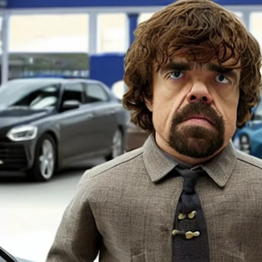 Prompt: peter dinklage as a car salesman