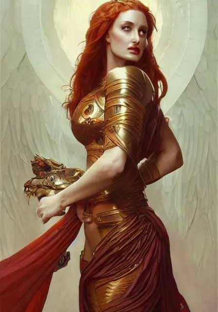 Image similar to sansa angeline jolie gessica chastain mummy fire goddess of war, intricate, elegant, highly detailed, digital painting, artstation, concept art, smooth, sharp focus, illustration, art by artgerm and greg rutkowski and alphonse mucha and william - adolphe bouguereau