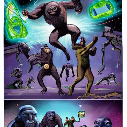 Prompt: apes conquer the cosmos fighting an alien civilization