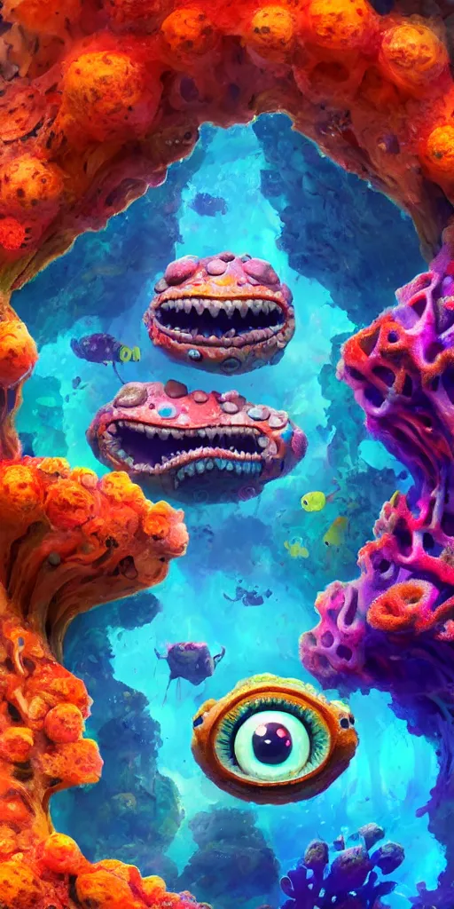 Image similar to of a colorful under water cave with strange cute friendly happy creatures with huge eyes, mouth, long tongue and round teeth appearing from sandy coral, in the style of gehry and gaudi, macro lens, shallow depth of field, ultra detailed, digital painting, trending artstation, concept art, illustration, cinematic lighting, photorealism, epic, octane render