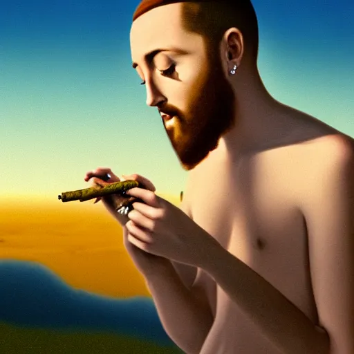 Image similar to a ultra detail picture portrait of Mac Miller and Jesus smoking a joint in heaven, 8k, photorealistic