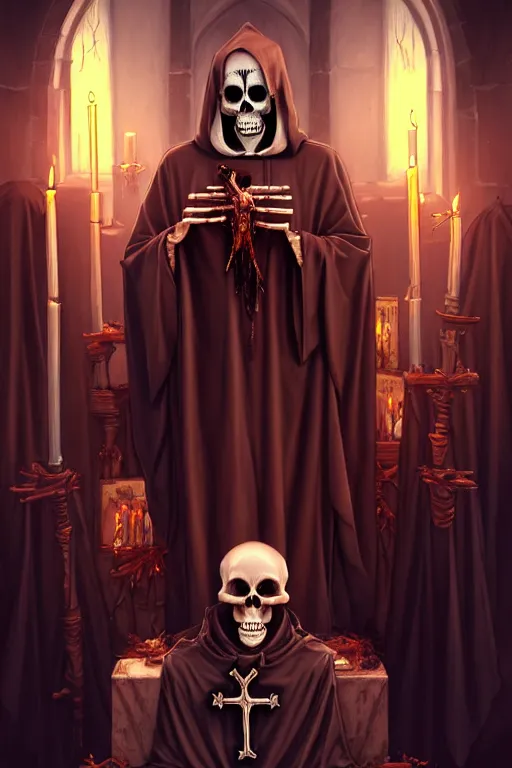 Image similar to dying rotting evil skeleton Priest at an alter giving a sermon to followers portrait by Artgerm and WLOP