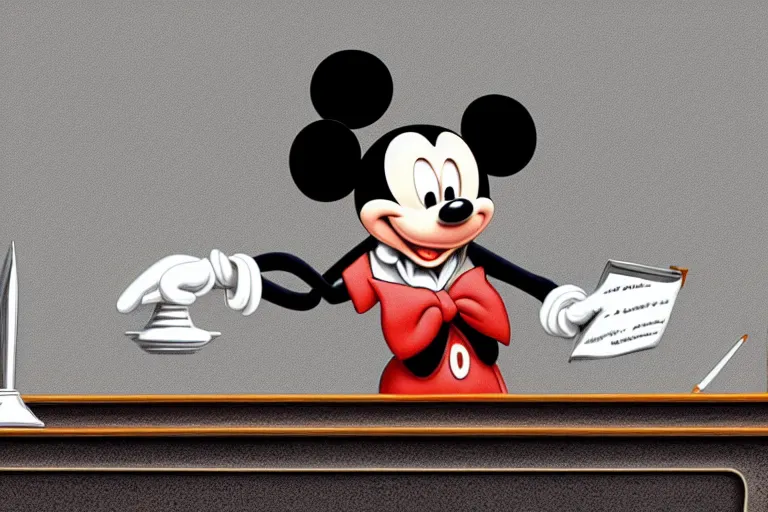 Prompt: detailed background courtroom sketch of vintage disney character lawyer mickey mouse presenting evidence of copyright infringement to the judge bench court room wooden serious dark tone