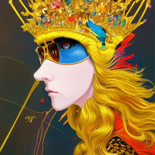 Prompt: prompt : colorful bird, golden crown, soft light painted by james jean and katsuhiro otomo and erik jones, inspired by akira anime, smooth face feature, intricate oil painting, high detail illustration, sharp high detail, manga and anime 1 9 9 9