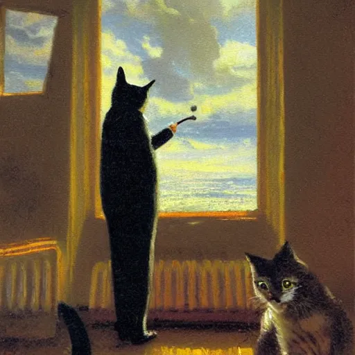 Prompt: a painting of an anthropomorphized cat in a business suit, looking out a window, thomas kinkade, goya, munch,