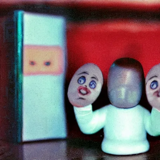 Prompt: vhs footage of a terrifying liminal space and a super creepy toy