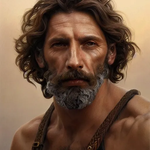 Image similar to portrait of a rugged greek god with the head of a wirehaired dachshung, salt and pepper hair, soft hair, d & d, muscular, fantasy, intricate, elegant, highly detailed, digital painting, artstation, concept art, smooth, sharp focus, illustration, art by artgerm and greg rutkowski and alphonse mucha