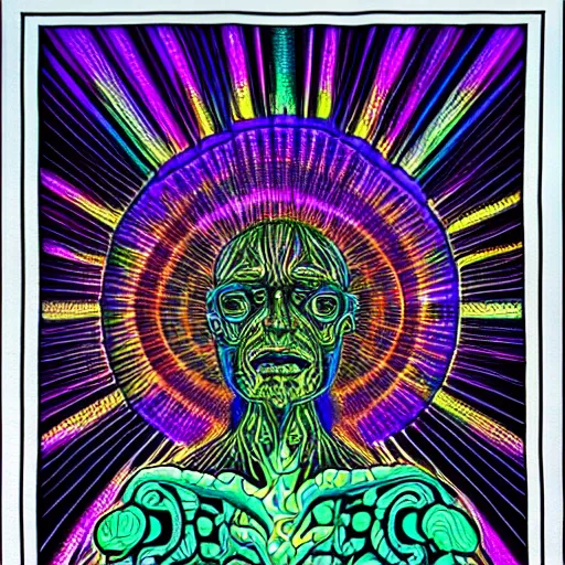 Image similar to Terence McKenna reincarnated as a magic mushroom. in style of Alex Grey, highly detailed, blacklight poster