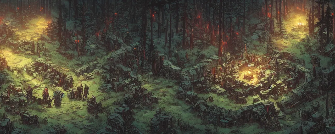 Prompt: battle background forest. clearing in the center. darkest dungeon. art by moebius and thomas kinkade and greg rutkowski.