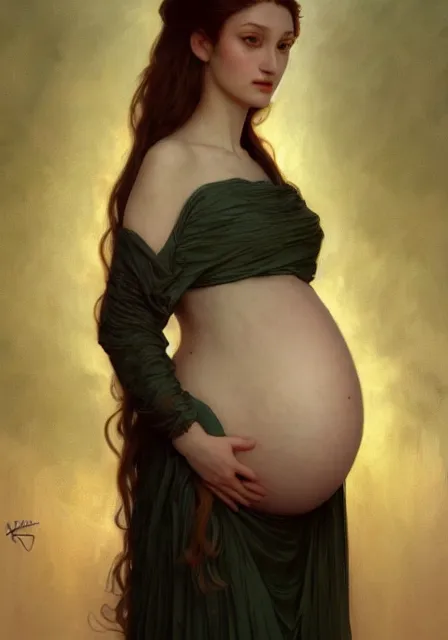 Image similar to pregnant sansa creepy monster, intricate, elegant, highly detailed, digital painting, artstation, concept art, smooth, sharp focus, illustration, art by artgerm and greg rutkowski and alphonse mucha and william - adolphe bouguereau