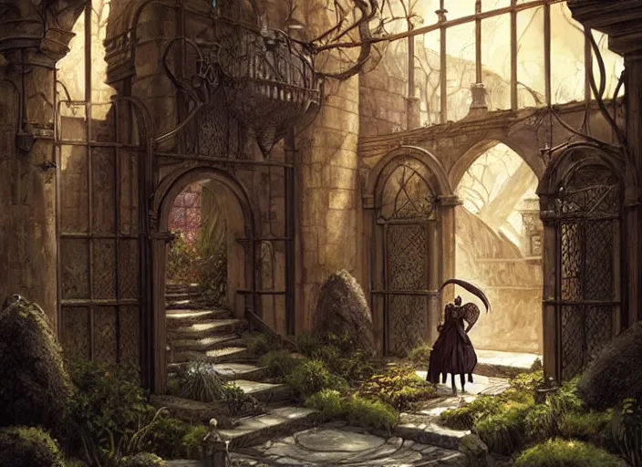 Prompt: a huge courtyard with gates and a beautiful witch queen, detailed 4 k painting, dramatic light, style of gerald brom