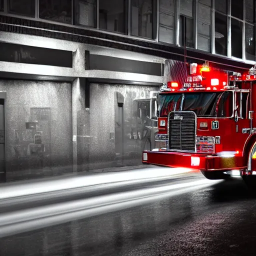 Image similar to A firetruck at night, back view, off angle, dark shading, flashing lights, wet reflective concrete, city, photograph, award winning, deviantart