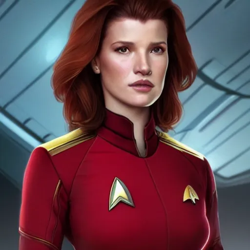 Image similar to ultra realistic illustration, bella thorne as captain janeway wearing star trek red uniform, intricate, elegant, highly detailed, digital painting, artstation, concept art, smooth, sharp focus, illustration, art by artgerm and greg rutkowski and alphonse mucha