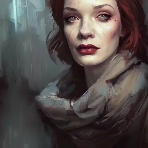 Image similar to portrait of christina hendricks, half life 2, dishonored 2, painted by greg rutkowski, painted by stanley artgerm, painted by igor kieryluk, digital art, promotional art, trending on artstation