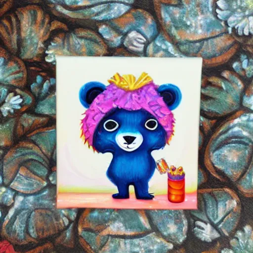 Prompt: a jeremiah ketner acrylic impasto!! illustration of an adorable and cute bear eating candy