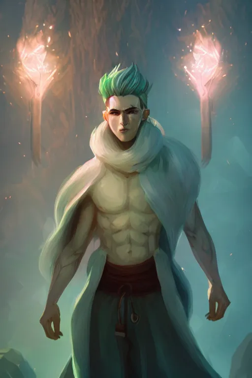 Image similar to a human elemental wizard, forest setting, colorful magic, male, epic, white skin, young, sharp, concept art, dynamic lighting, unreal engine, octane