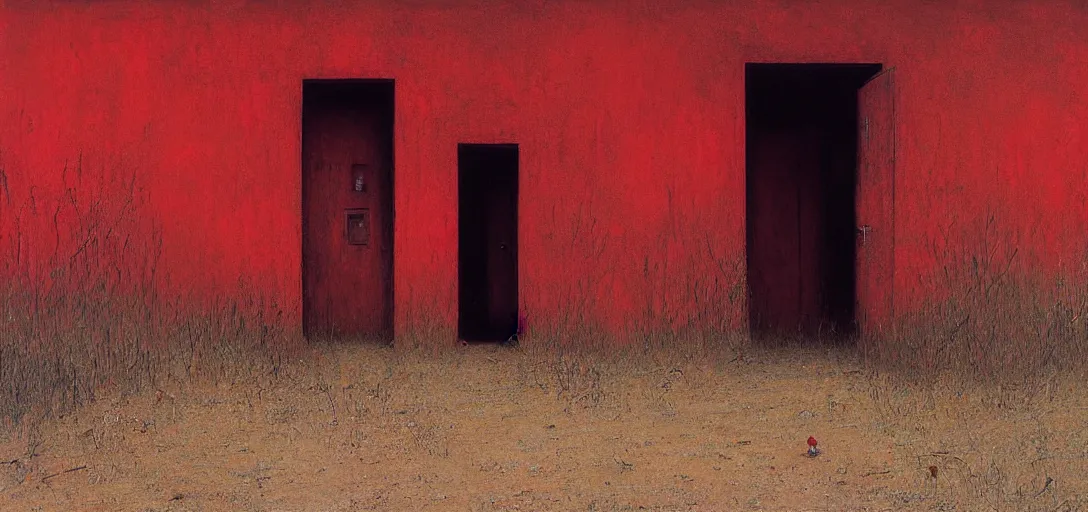 Image similar to red door standing in wasteland in style of zdzisław beksinski