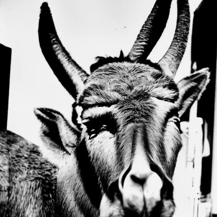 Prompt: 1 9 6 0 s horror movie poster featuring an evil donkey staring into the camera very detailed 8 k black and white