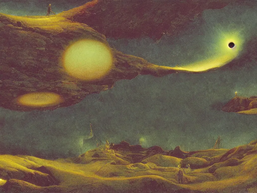 Image similar to phosphorescent, iridescent, psychedelic, marbled sphere floating in row to infinity above the hell pit mines. painting by caspar david friedrich, agnes pelton, max ernst, bosch.