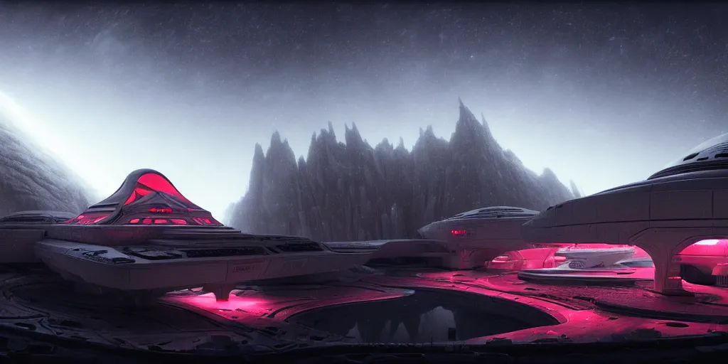 Image similar to futuristic space station in the snowy mountains 3 d concept art, red laser, cinematic lighting, intricate details, building by zaha hadid, pastel sunset, emissary space by arthur haas and bruce pennington and john schoenherr, cinematic matte painting, dark moody monochrome colors, trending on artstation, featured on behance