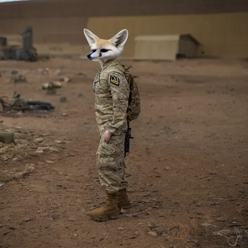 Prompt: a fennec fox dressed in a modern american military soldier uniform, in apocalyptic wasteland, 8 5 mm f / 1. 4