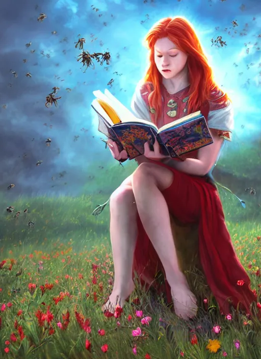 Image similar to An epic fantasy comic book style portrait painting of a young red headed girl reading a book in a field of flowers surrounded by bees in the style of the wheel of time, unreal 5, DAZ, hyperrealistic, octane render, cosplay, RPG portrait, dynamic lighting