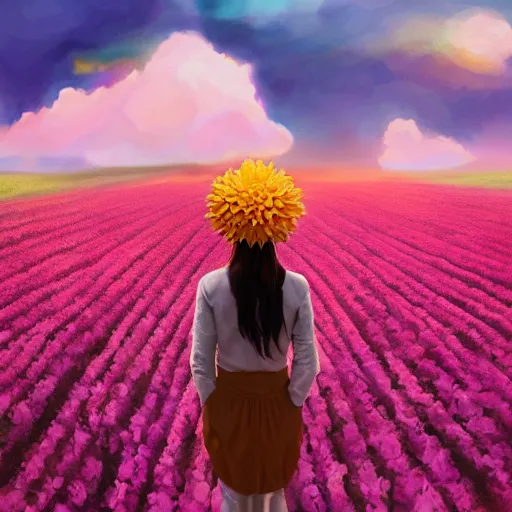 Image similar to giant dahlia flower as head, full body girl standing in a flower field, surreal photography, sunrise, dramatic light, impressionist painting, colorful clouds, digital painting, artstation, simon stalenhag